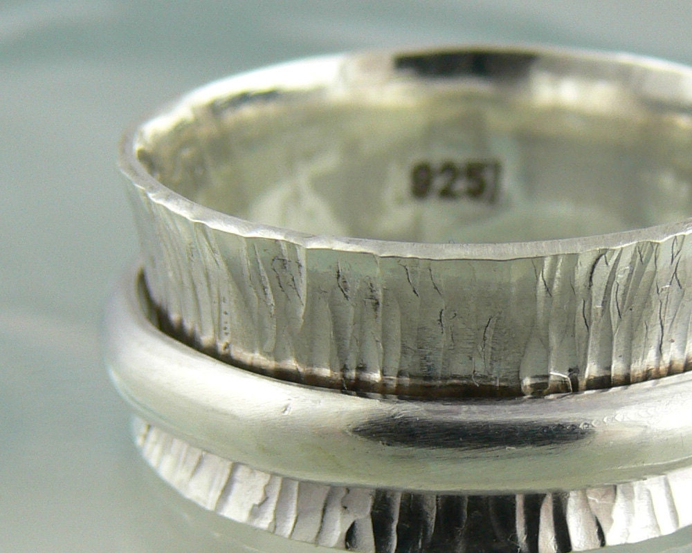 Silver Spinner Ring Hammered Texture Wide Band Fidget Ring | Etsy