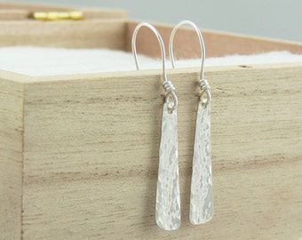 Silver Dangle Earrings - Sterling Silver Earwires - Hammered Texture Tapered Drop - Modern Eco Friendly Jewellery Made to Order in Australia