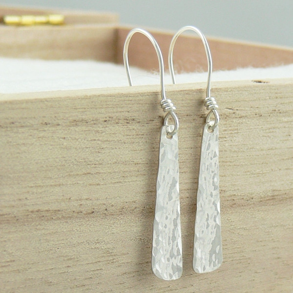 Silver Dangle Earrings - Sterling Silver Earwires - Hammered Texture Tapered Drop - Modern Eco Friendly Jewellery Made to Order in Australia
