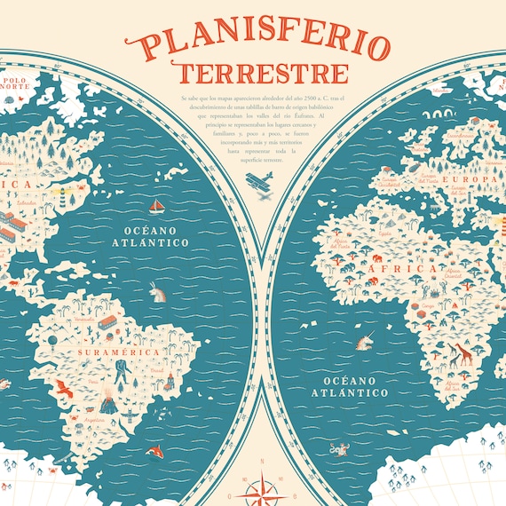 Map of the Land Planisphere Decorative Terrestrial Map Planisphere Earth  Map 