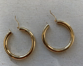 14K Solid Gold Hoops, thick Hoops, 1" Hoops, gold hoops, 3MM gold hoops, 1 inch hoops, solid gold hoop earrings, hoop earrings, gold earring