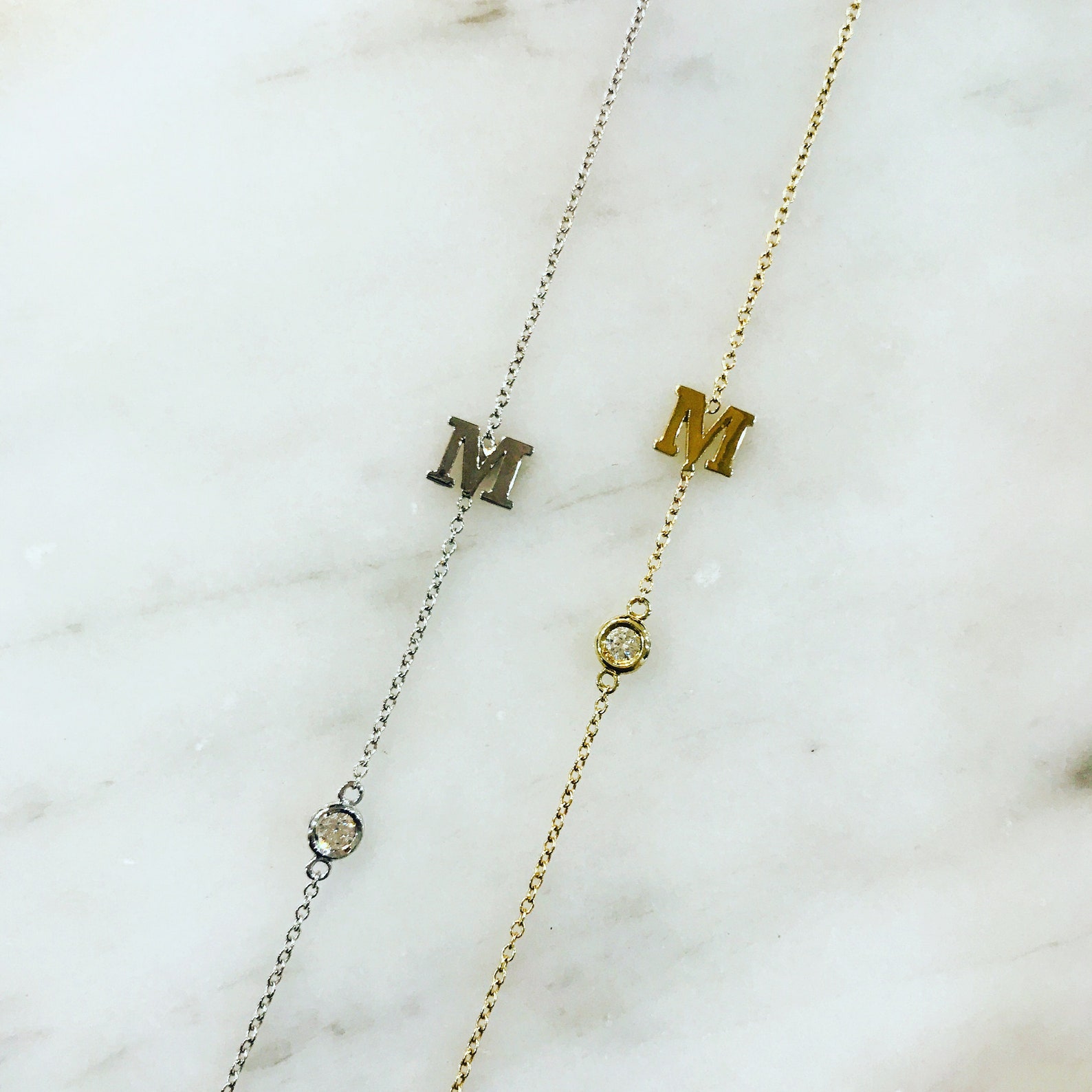 14K Solid Gold Diamond Initial Bracelet Letter Bracelet Etsy