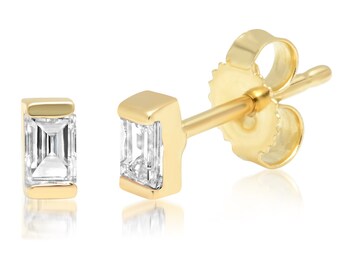 バゲットダイヤモンドバースタッドピアス：14Kイエローゴールドの繊細
