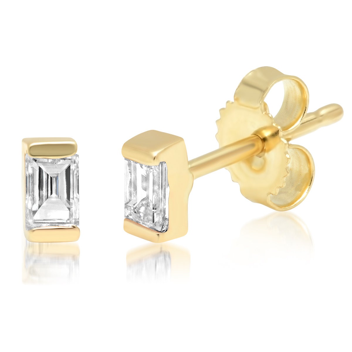 14K Solid Gold Baguette Diamond Stud 