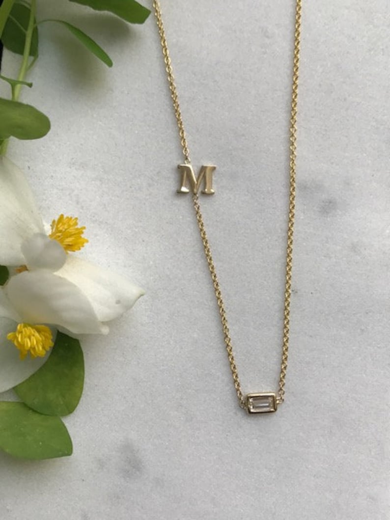 14K Solid Gold Baguette Diamond Initial Necklace Letter Etsy