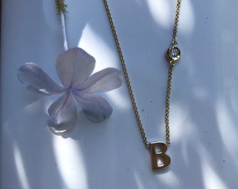 14K Solid Gold, Bold Gold Letter Necklace, Initial Diamond Bezel Necklace, Initial Necklace, Bold letter Necklace, Gold Initial Necklace