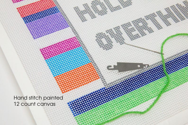 May include: Hand-painted canvas with the text "Hold on to everything" in gray. The canvas is 12 count and has a green, blue, orange, blue, pink, purple, and red striped border. A needle and green embroidery floss are on the canvas.