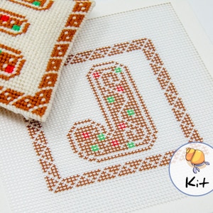 Custom Gingerbread Christmas needlepoint diy pillow ornament kit, personalized initial, craft keepsake, beginner kit, 4&quot;x4&quot; ornament craft