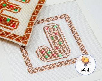 Custom Gingerbread Christmas needlepoint diy pillow ornament kit, personalized initial, craft keepsake, beginner kit, 4"x4" ornament craft