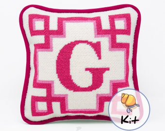 Personalized Beginner Needlepoint Pillow Kit: Monogram Hand-Painted Zweigart Canvas, DIY Craft