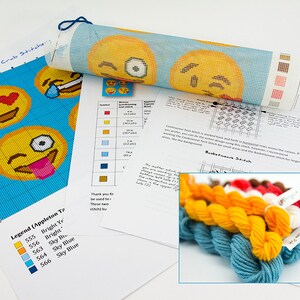 Emoji Faces Needlepoint Kit. Beginner Kit. Easy Modern Needlepoint Project, Tapestry wool pillow kit. Contemporary stitching design. 10x10 image 2