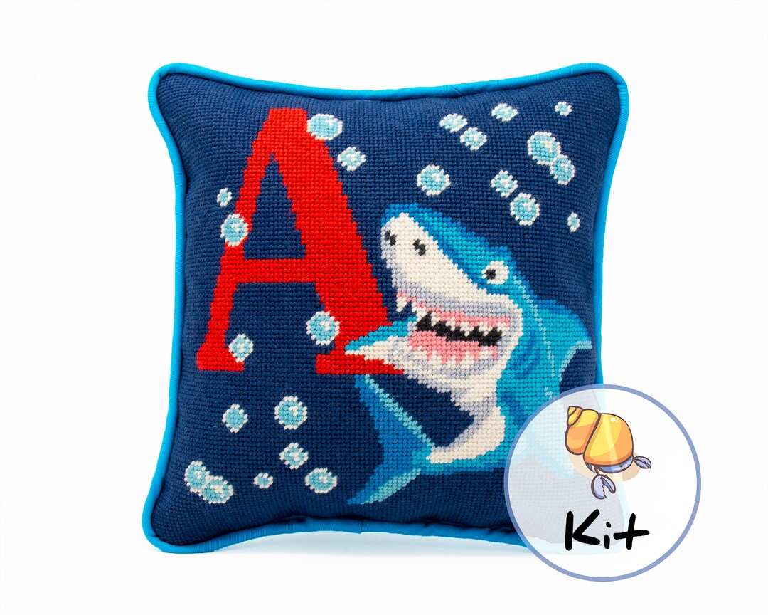 Initial Needlepoint Pillow Kit, Craft Kit, Childs Needlepoint Pillow Kit, Shark Underwater Theme