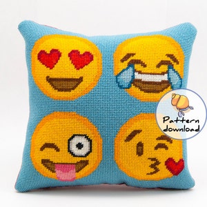 Emoji Needlepoint Pattern: Happy Faces Pillow Design (PDF Pattern)