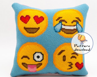 Emoji needlepoint pattern instant download, happy emoji faces, dorm room decor, cross stitch pattern modern diy needlepoint, smiley faces