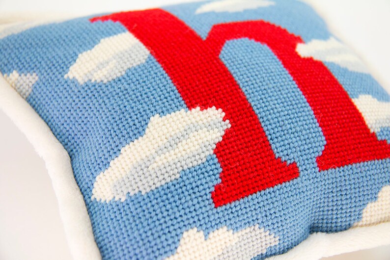 Cloud Initial Mini Needlepoint Pillow Kit, Small Tapestry Cushion Kit, Beginner Needlepoint kits, Baby pillow personalized,baby decor, 8x8 image 7
