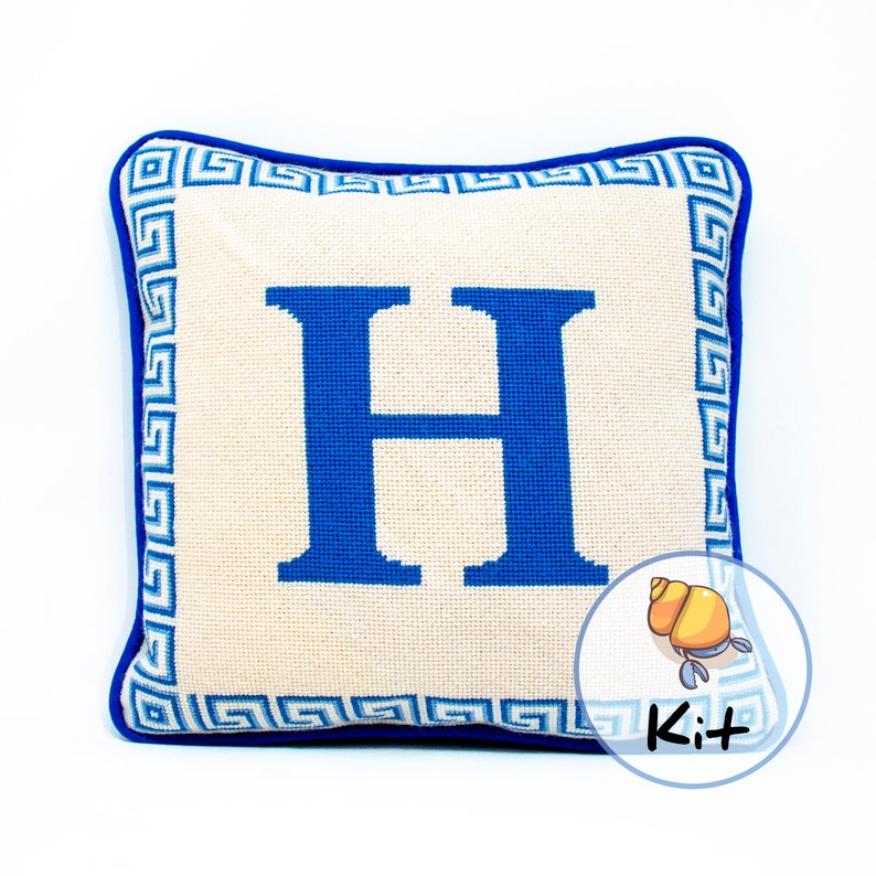 Monogram letter needlepoint kits, Initial pillow with Greek key border, Monogram custom kit, Hand stitch painted canvas, Ten colors, 13x13 image 1