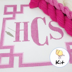 Monogram Needlepoint Pillow DIY Kit, Custom Three Initial Canvas, Greek Key Border, Modern Personalized Hand stitch painted Canvas, 14x14