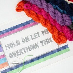 May include: A white canvas with the text "HOLD ON LET ME OVERTHINK THIS" printed on it. The canvas is surrounded by a colorful border. A needle and a variety of colorful embroidery floss are on the canvas.