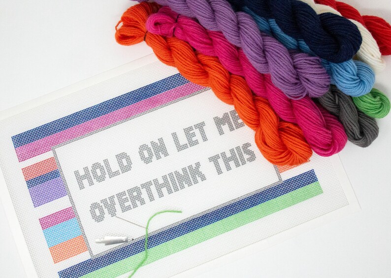 May include: A white canvas with the text "HOLD ON LET ME OVERTHINK THIS" printed on it. The canvas is surrounded by a colorful border. A needle and a variety of colorful embroidery floss are on the canvas.