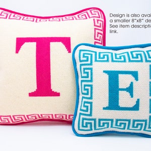 Monogram letter needlepoint kits, Initial pillow with Greek key border, Monogram custom kit, Hand stitch painted canvas, Ten colors, 13x13 image 10