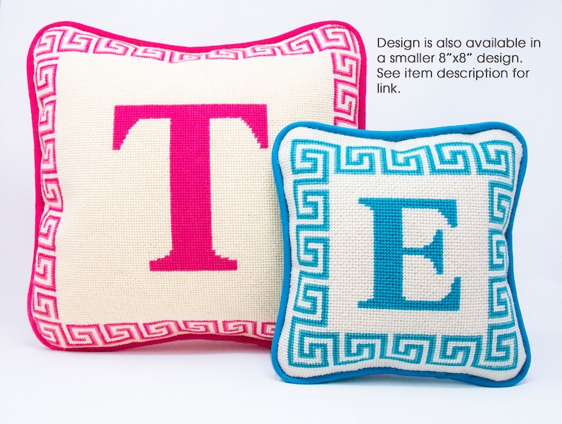 Monogram letter needlepoint kits, Initial pillow with Greek key border, Monogram custom kit, Hand stitch painted canvas, Ten colors, 13x13 image 10