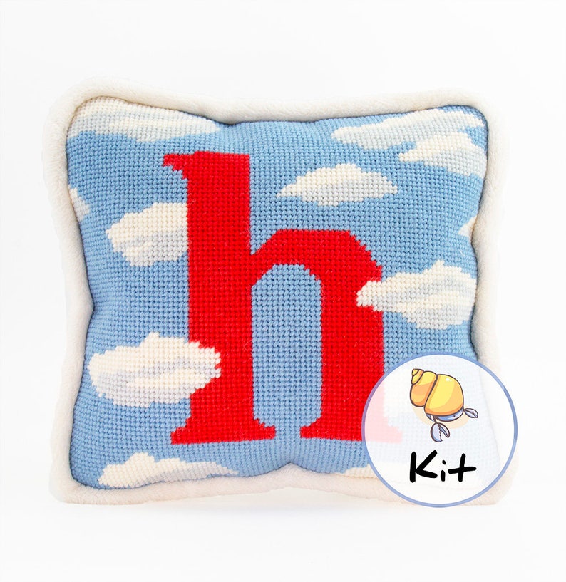 Cloud Initial Mini Needlepoint Pillow Kit, Small Tapestry Cushion Kit, Beginner Needlepoint kits, Baby pillow personalized,baby decor, 8x8 image 1