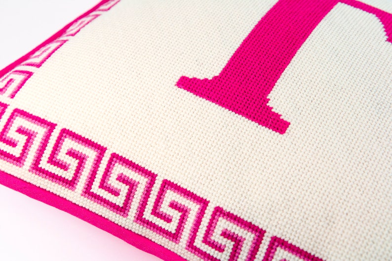 Monogram letter needlepoint kits, Initial pillow with Greek key border, Monogram custom kit, Hand stitch painted canvas, Ten colors, 13x13 image 7