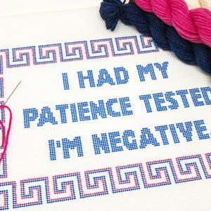 May include: A white canvas with a blue and pink cross-stitch design. The design features a Greek key border and the text "I had my patience tested. I'm negative."