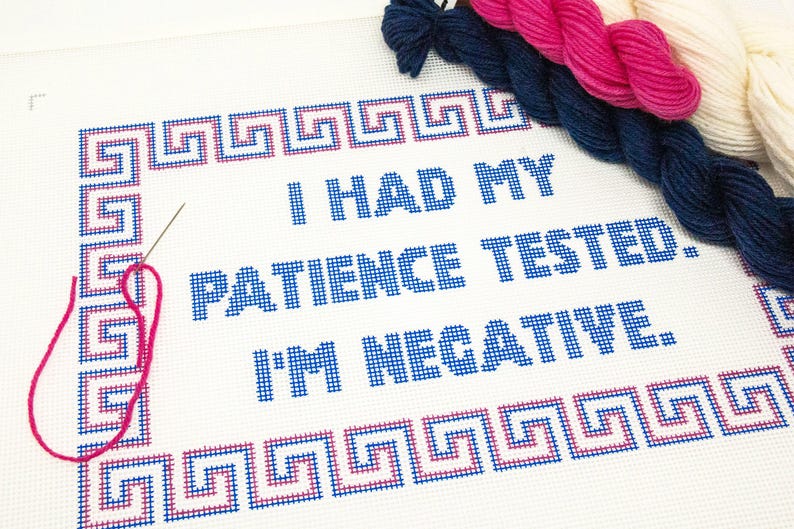 May include: A white canvas with a blue and pink cross-stitch design. The design features a Greek key border and the text "I had my patience tested. I'm negative."