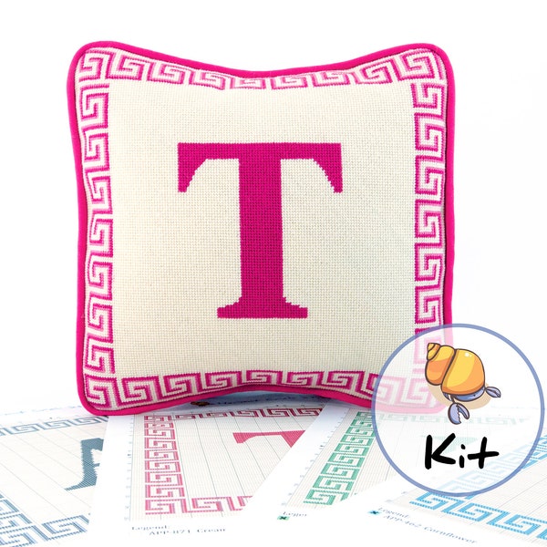 Initial custom needlepoint kits,  Monogram custom kit, Hand-painted canvas, Greek key border, Ten colors, 13x13, Mindful stitching