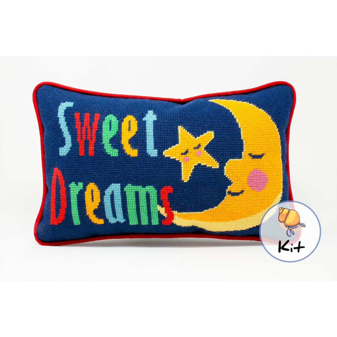 Needlepoint Pillow Kit for Child's Room, Sweet Dreams Printed 12 Count Canvas 9x14, Handmade