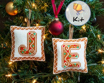 Personalized needlepoint Christmas diy ornament, Initial gingerbread kit, miniature needlepoint pillow, Gift for Crafter, beginner kit, 4x4"