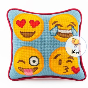 Emoji Faces Needlepoint Kit. Beginner Kit. Easy Modern Needlepoint Project, Tapestry wool pillow kit. Contemporary stitching design. 10x10 image 1
