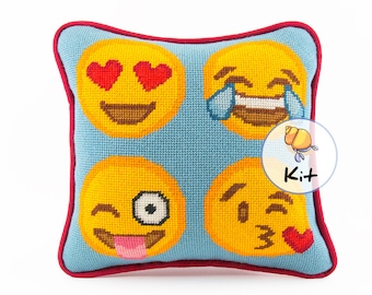 Emoji Faces Needlepoint Pillow Kit: Beginner Modern Stitching