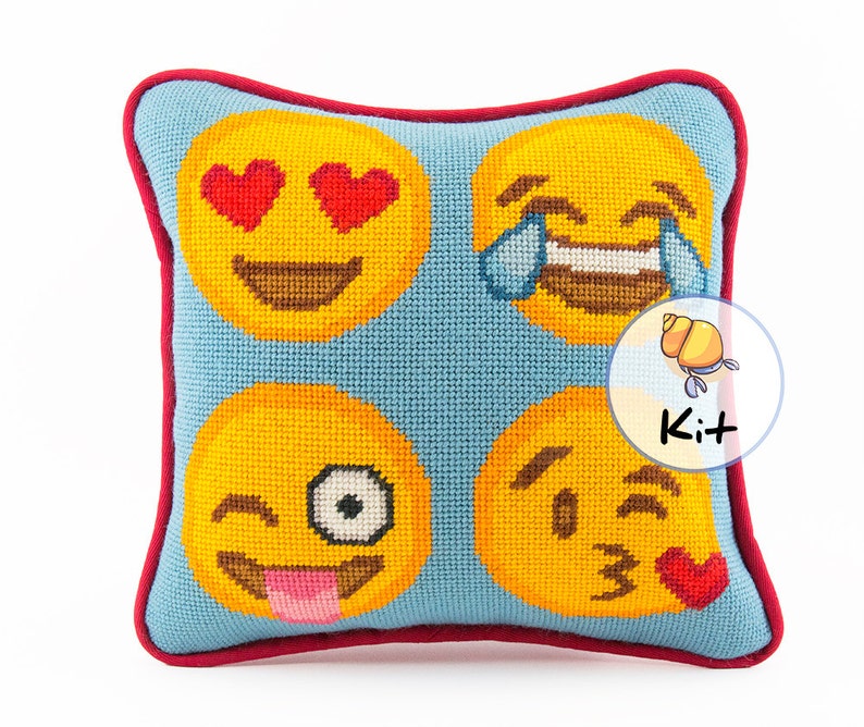 Emoji Faces Needlepoint Kit. Beginner Kit. Easy Modern Needlepoint Project, Tapestry wool pillow kit. Contemporary stitching design. 10x10 image 1