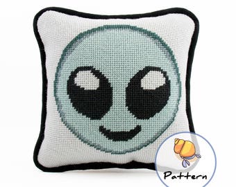 Emoji Alien Needlepoint o patrón de punto de cruz, descarga instantánea de archivos digitales, costuras modernas y divertidas, patrón de ciencia ficción, Needlepoint Emoji Craft