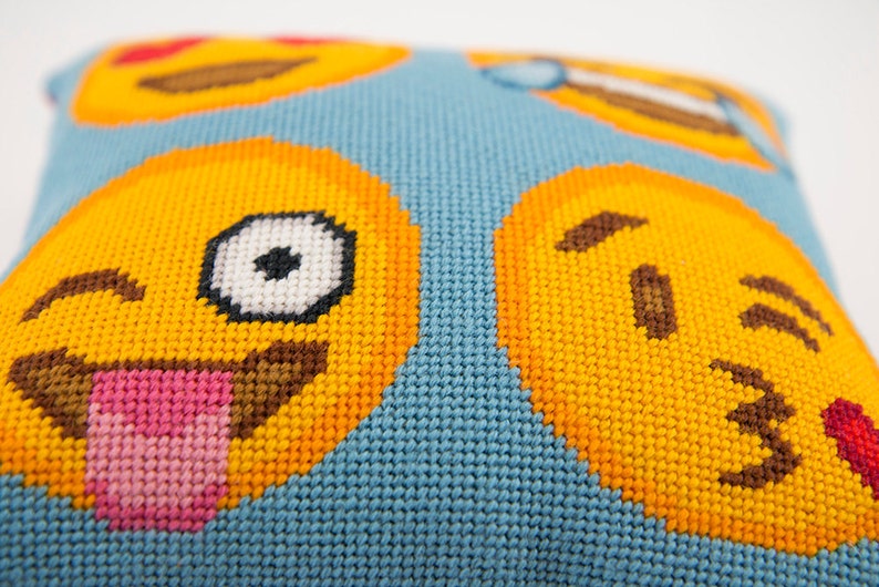 Emoji Faces Needlepoint Kit. Beginner Kit. Easy Modern Needlepoint Project, Tapestry wool pillow kit. Contemporary stitching design. 10x10 image 4