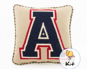 Monogram Needlepoint Kit: Varsity Letter Pillow, Dorm Decor (10x10)