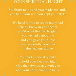 Cartão de lembrança de carteira poética. "Your Spiritual Flight" escrito sobre amor, perda e tristeza. Cartão para impressão, cartão para download.