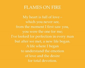 Poetic Wallet Keepsake Card. "Flames on Fire" written about a secret love for a friend.  Printable Card, Downloadable Card.