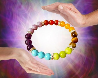 Lovely Gemstone Chakra Bracelet, Rainbow Bracelet, Crystal Bracelet, Boho on elastic cord with Reiki energy. Made with A class gemstones.