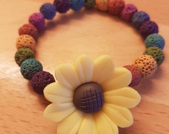 Lovely sunflower and lava stone Chakra Bracelet, Rainbow Bracelet. With sunflower poem & seeds. On elastic, size S/M. Infused with Reiki x