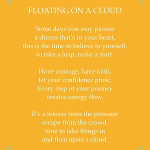 Cartão de lembrança de carteira poética. "Floating on a Cloud" escrito sobre sonhos, amor próprio e crescimento. Cartão para impressão, cartão para download.