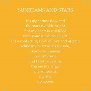 Poetic Wallet Keepsake Card. &quot;Sunbeams and Stars&quot; written about love, loss and grief.  Printable Card, Downloadable Card.
