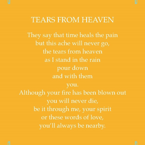 Poetic Wallet Keepsake Card. "Tears from Heaven" written about the raw emotions of love, loss and grief.  Printable Card, Downloadable Card.