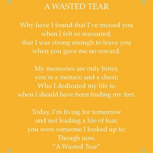 Poetic Wallet Keepsake Card. „A Wasted Tear” napisany o nadużyciach, przemocy domowej i przemocy domowej. Karta do druku, karta do pobrania.