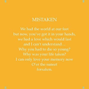 Poetic Wallet Keepsake Card. « Mistaken » écrit sur l’amour et le chagrin après la perte d’un jeune être cher. Carte imprimable, carte téléchargeable.