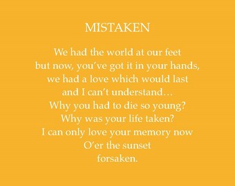 Poetic Wallet Keepsake Card. "Mistaken" written about love and grief after the loss of a young loved one. Printable Card, Downloadable Card.