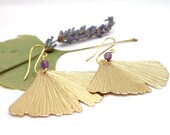 Amethyst Ginkgo earrings, Big golden Ginkgo earrings , Leaf golden earrings, purple and gold earrings, bobo earrings.