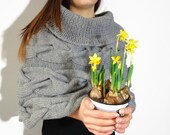 Grey knitted poncho, cabled knitted poncho, warm and soft charcoal poncho, dark grey cabled shrug, grey knitted stole